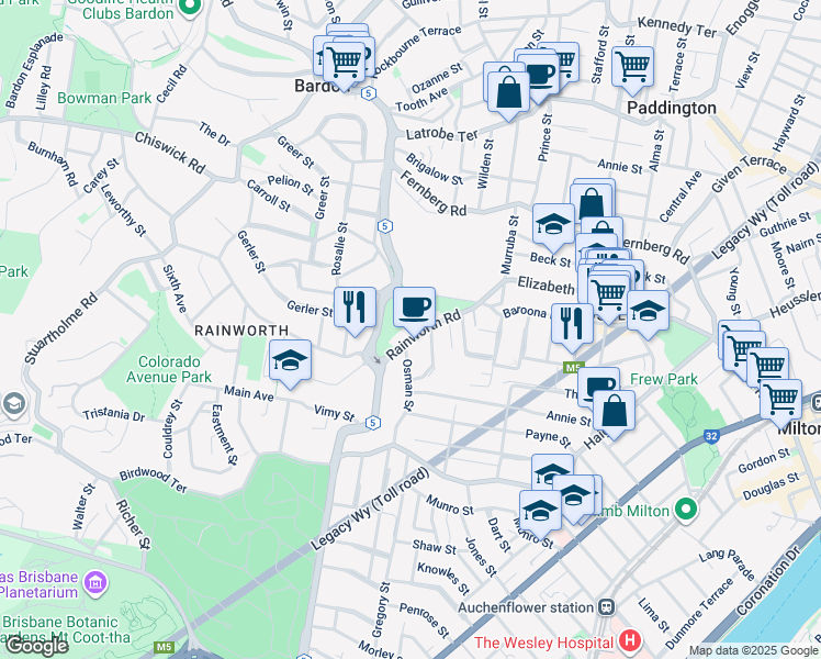 map of restaurants, bars, coffee shops, grocery stores, and more near 53 Rainworth Road in Bardon