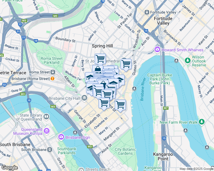 map of restaurants, bars, coffee shops, grocery stores, and more near 232 Adelaide Street in Brisbane City