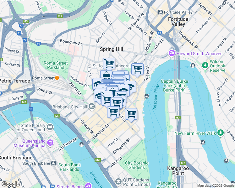 map of restaurants, bars, coffee shops, grocery stores, and more near Adelaide Street in Brisbane City