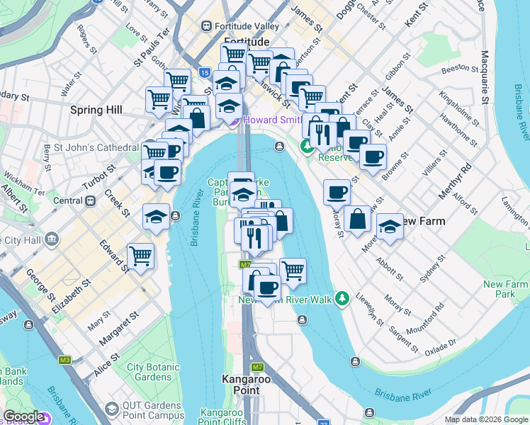 map of restaurants, bars, coffee shops, grocery stores, and more near 25 Anderson Street in Kangaroo Point