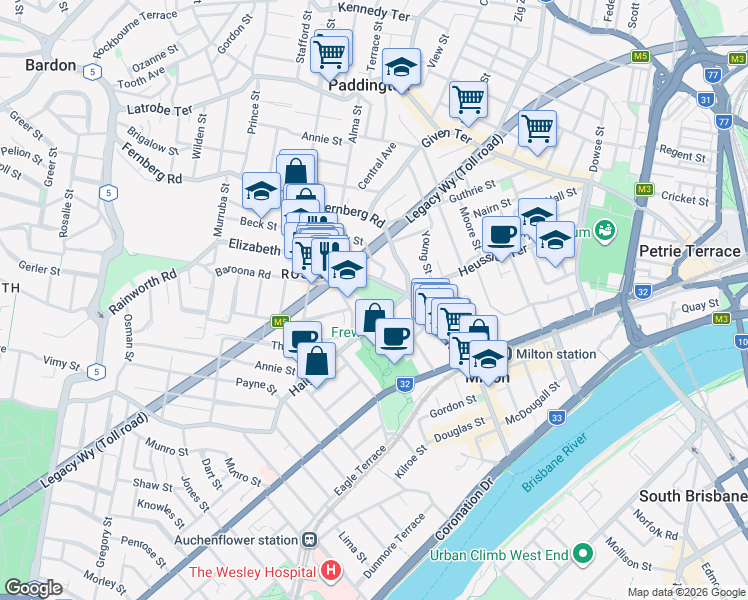 map of restaurants, bars, coffee shops, grocery stores, and more near 128 Baroona Road in Milton