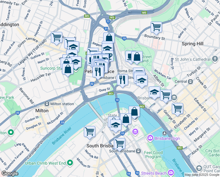 map of restaurants, bars, coffee shops, grocery stores, and more near 70 Eagle Terrace in Brisbane City