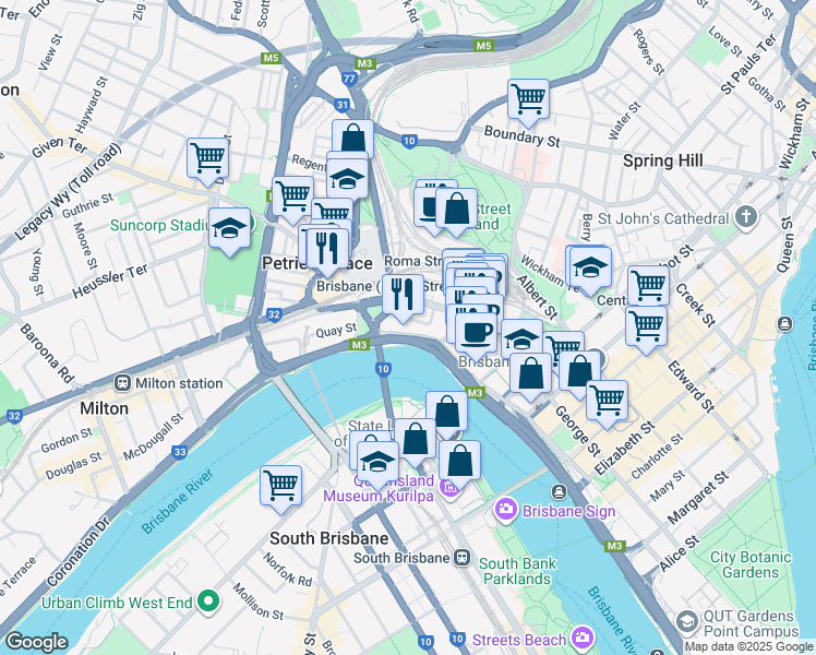 map of restaurants, bars, coffee shops, grocery stores, and more near 293 North Quay in Brisbane City