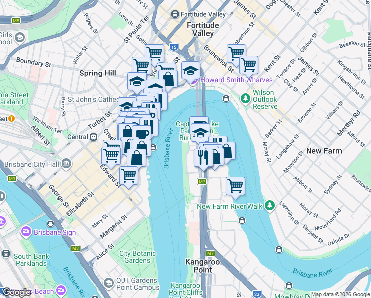 map of restaurants, bars, coffee shops, grocery stores, and more near 33 Annie Street in Kangaroo Point