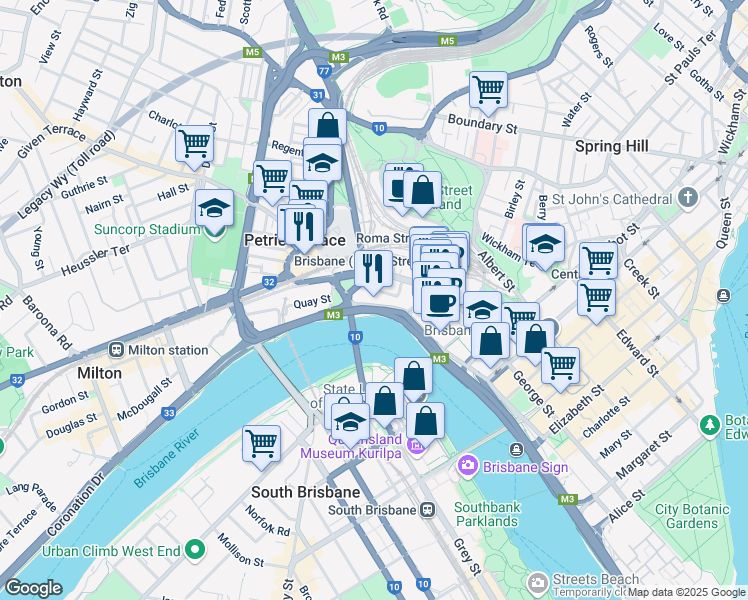 map of restaurants, bars, coffee shops, grocery stores, and more near 293 North Quay in Brisbane City