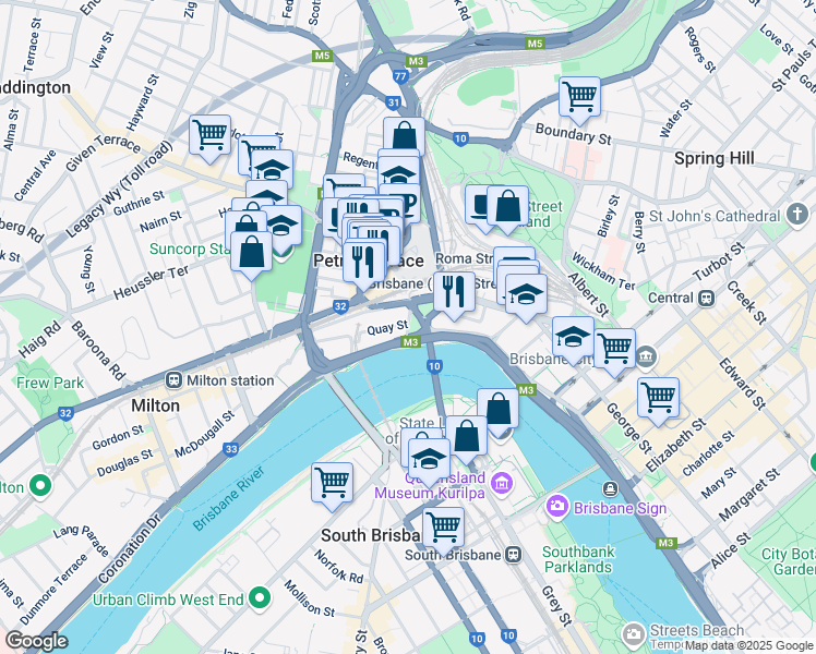 map of restaurants, bars, coffee shops, grocery stores, and more near 70 Eagle Terrace in Brisbane City