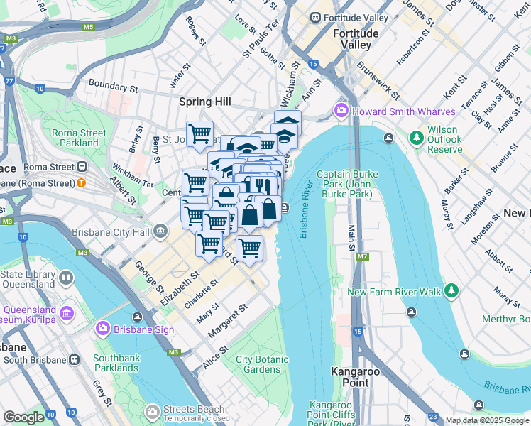 map of restaurants, bars, coffee shops, grocery stores, and more near 123 Eagle Street in Brisbane City