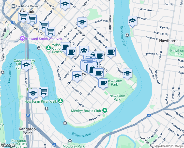 map of restaurants, bars, coffee shops, grocery stores, and more near 85 Merthyr Road in New Farm