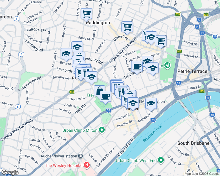 map of restaurants, bars, coffee shops, grocery stores, and more near 58 Baroona Road in Milton