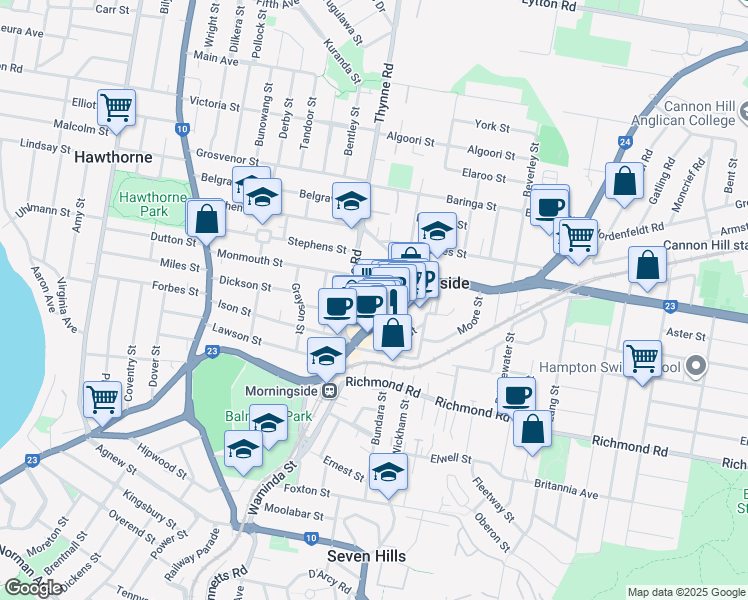 map of restaurants, bars, coffee shops, grocery stores, and more near 24 Rogoona Street in Morningside