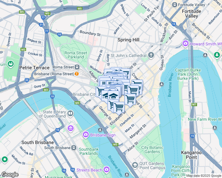 map of restaurants, bars, coffee shops, grocery stores, and more near in Brisbane City