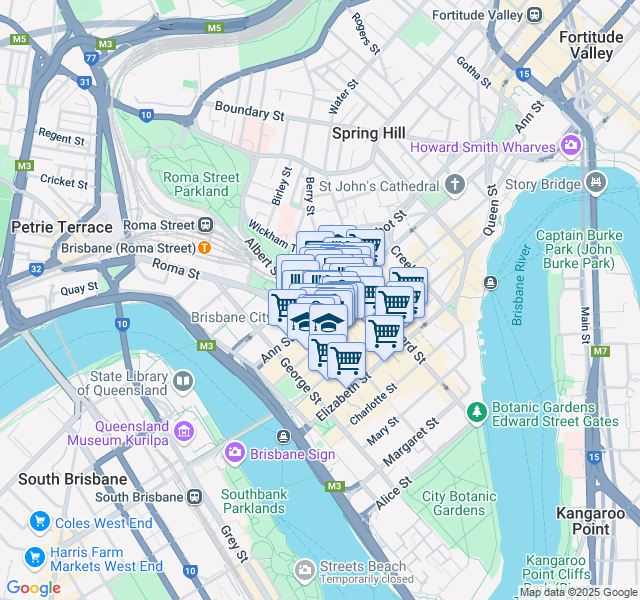 map of restaurants, bars, coffee shops, grocery stores, and more near 140 Ann Street in Brisbane