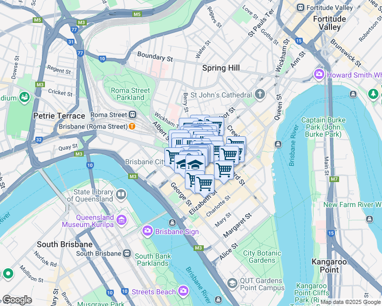 map of restaurants, bars, coffee shops, grocery stores, and more near 140 Ann Street in Brisbane