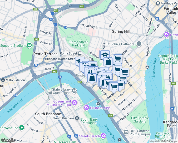 map of restaurants, bars, coffee shops, grocery stores, and more near 122 Roma Street in Brisbane City
