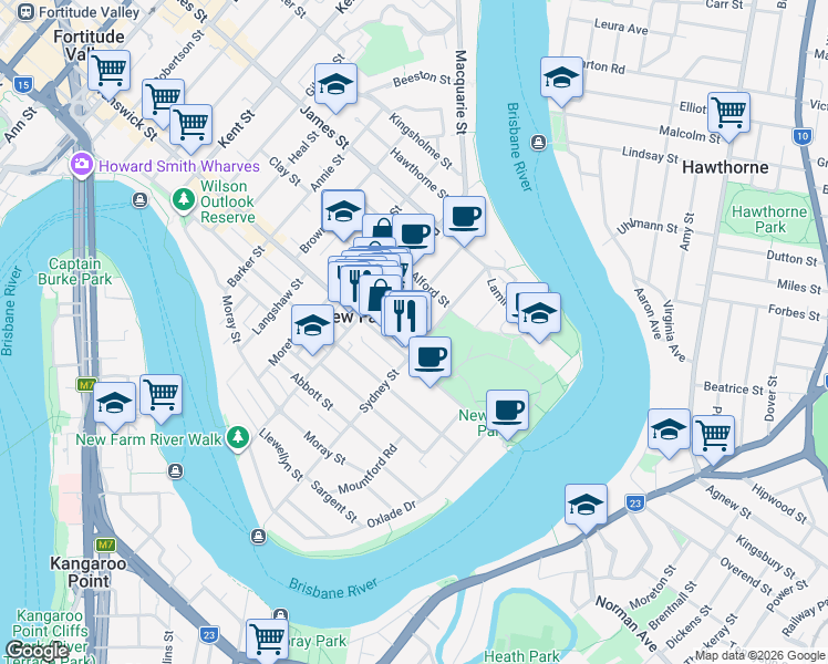 map of restaurants, bars, coffee shops, grocery stores, and more near 108 Sydney Street in New Farm