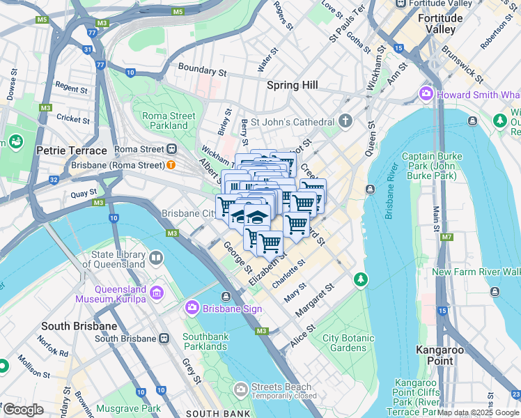 map of restaurants, bars, coffee shops, grocery stores, and more near 145 Ann Street in Brisbane
