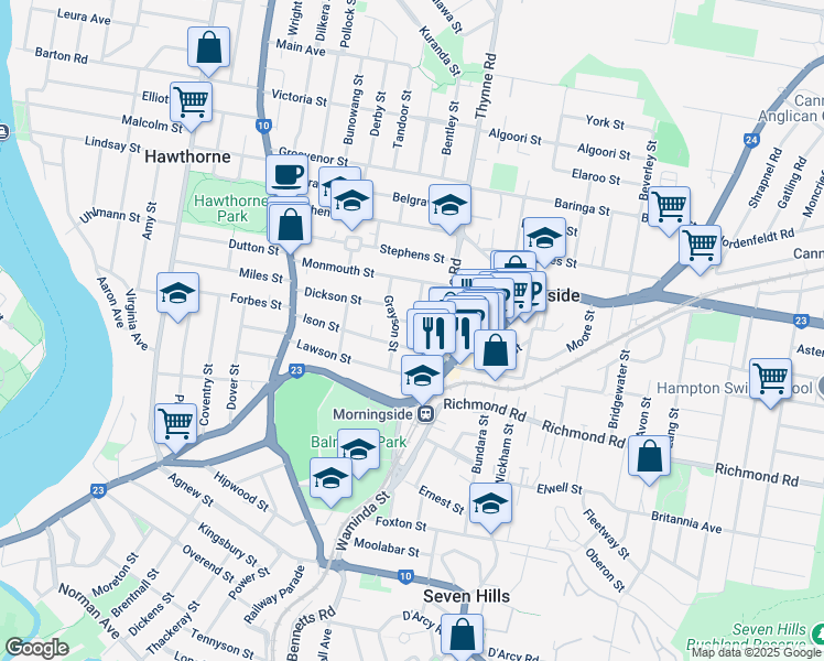 map of restaurants, bars, coffee shops, grocery stores, and more near 24 Kitson Street in Morningside