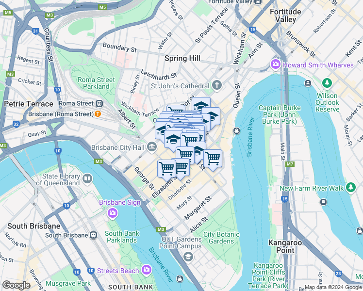 map of restaurants, bars, coffee shops, grocery stores, and more near 226 Queen Street in Brisbane City
