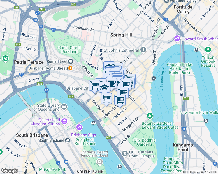 map of restaurants, bars, coffee shops, grocery stores, and more near 145 Ann Street in Brisbane