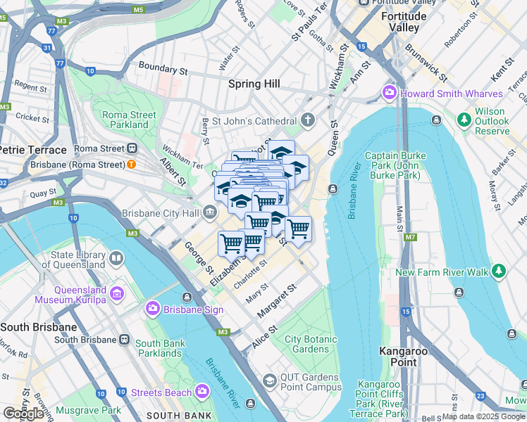 map of restaurants, bars, coffee shops, grocery stores, and more near 240 Queen Street in Brisbane
