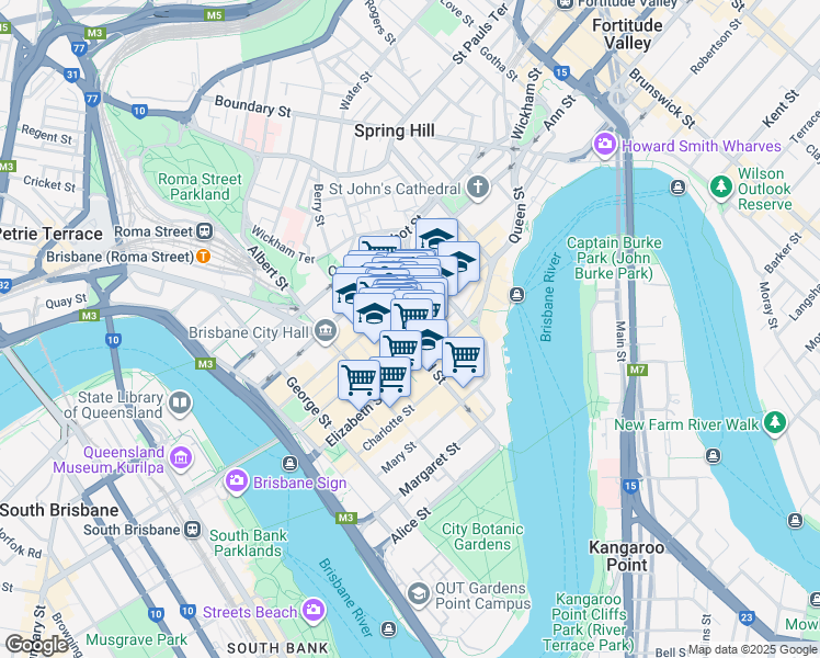 map of restaurants, bars, coffee shops, grocery stores, and more near 240 Queen Street in Brisbane