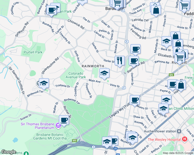 map of restaurants, bars, coffee shops, grocery stores, and more near 67 Main Avenue in Bardon