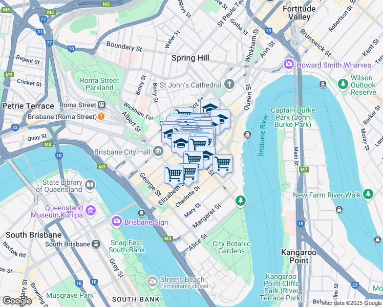 map of restaurants, bars, coffee shops, grocery stores, and more near 226 Queen Street in Brisbane City