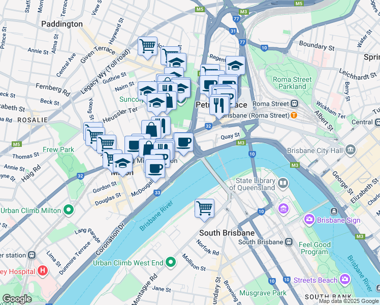map of restaurants, bars, coffee shops, grocery stores, and more near 31 Little Cribb Street in Milton