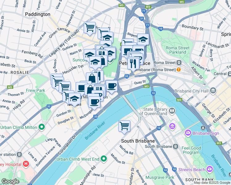 map of restaurants, bars, coffee shops, grocery stores, and more near 31 Little Cribb Street in Milton