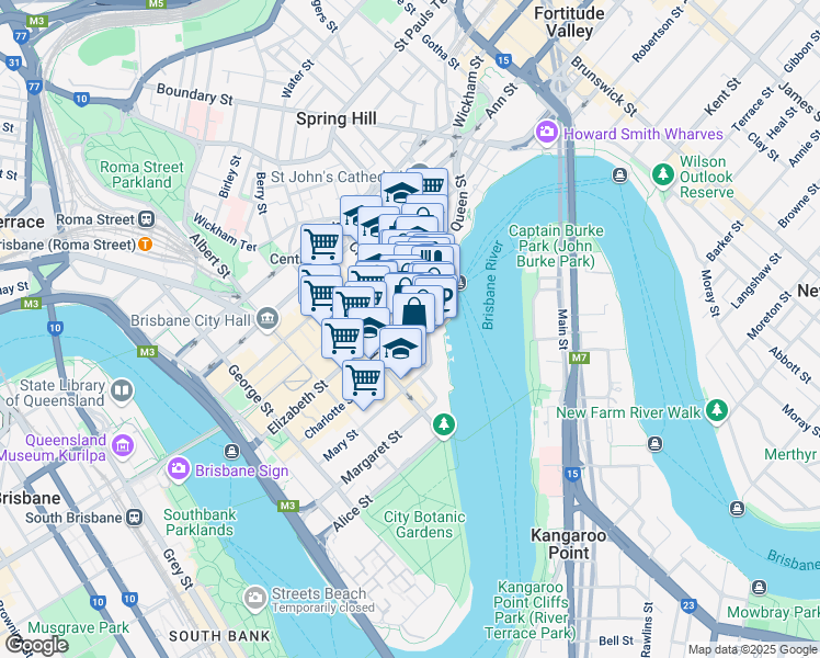 map of restaurants, bars, coffee shops, grocery stores, and more near 12 Creek Street in Brisbane