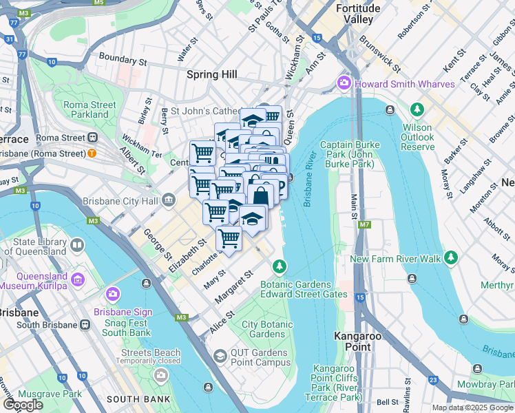 map of restaurants, bars, coffee shops, grocery stores, and more near 12 Creek Street in Brisbane