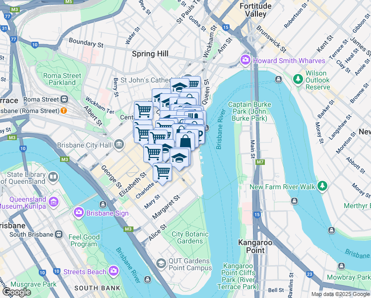 map of restaurants, bars, coffee shops, grocery stores, and more near 12 Creek Street in Brisbane City