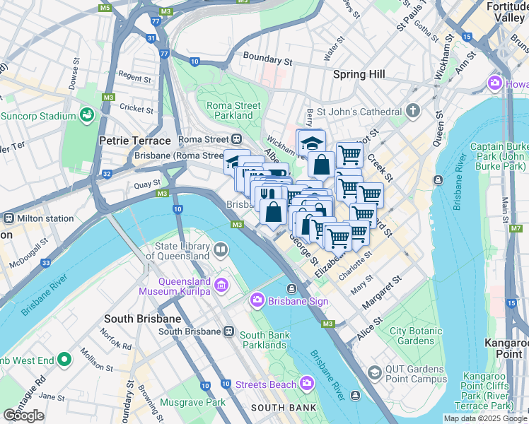 map of restaurants, bars, coffee shops, grocery stores, and more near 122 Roma Street in Brisbane City