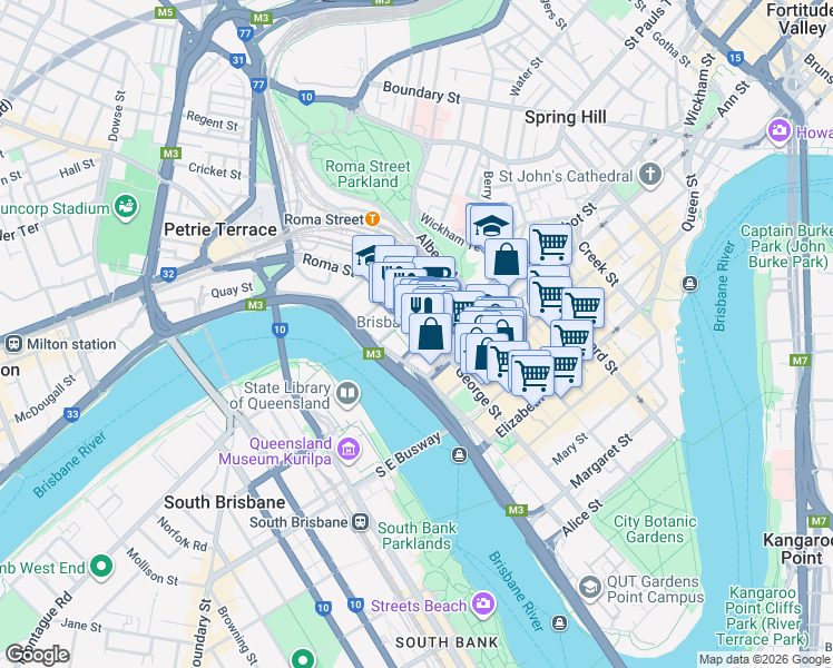 map of restaurants, bars, coffee shops, grocery stores, and more near 400 George Street in Brisbane City