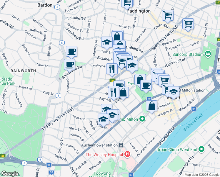map of restaurants, bars, coffee shops, grocery stores, and more near 56 Thomas Street in Auchenflower