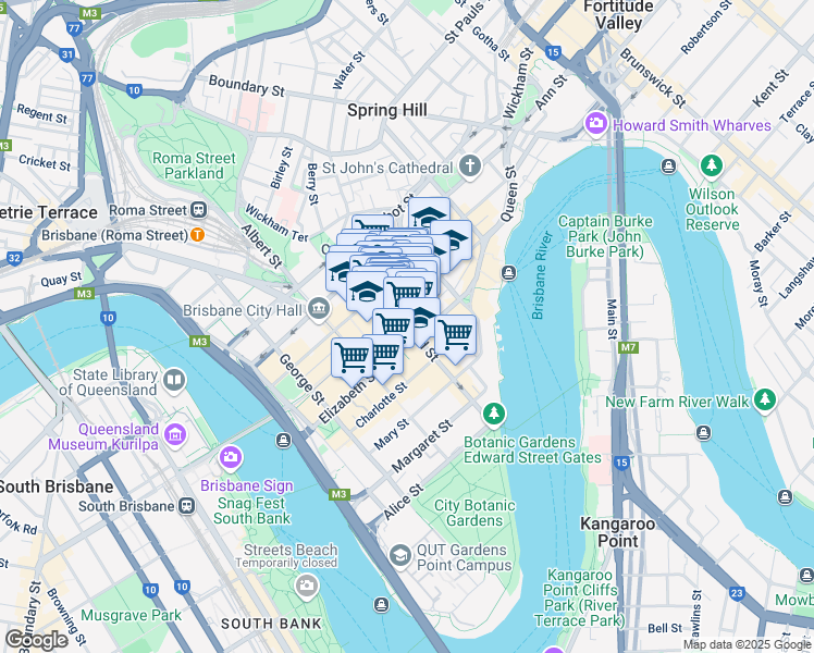 map of restaurants, bars, coffee shops, grocery stores, and more near Edward Street in Brisbane City