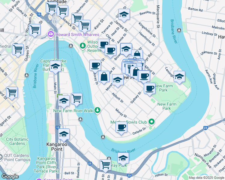map of restaurants, bars, coffee shops, grocery stores, and more near 10 Abbott Street in New Farm