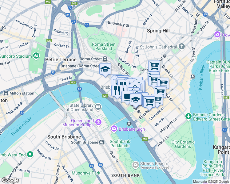 map of restaurants, bars, coffee shops, grocery stores, and more near 95 North Quay in Brisbane City