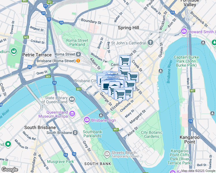 map of restaurants, bars, coffee shops, grocery stores, and more near 64 Adelaide Street in Brisbane