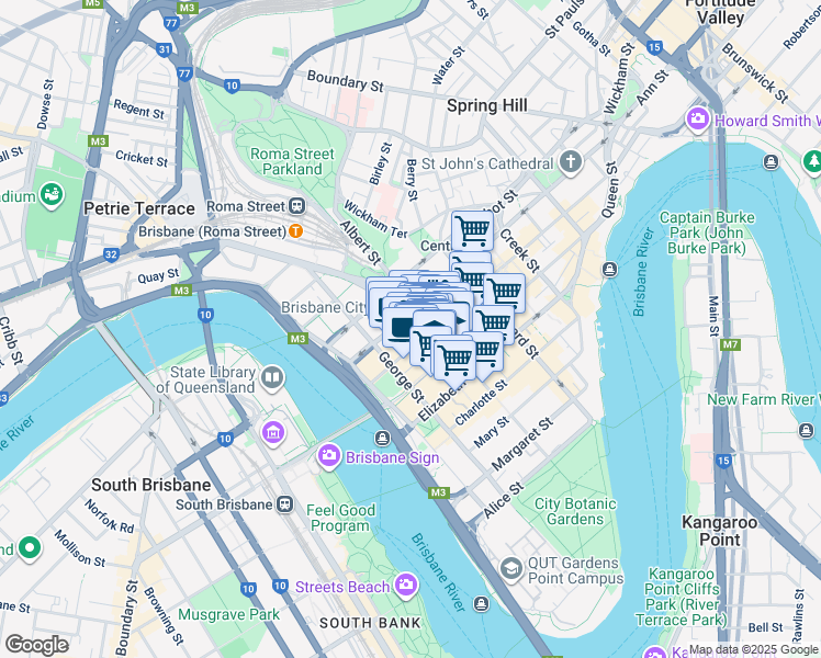map of restaurants, bars, coffee shops, grocery stores, and more near 64 Adelaide Street in Brisbane