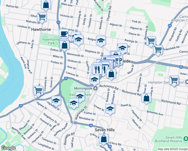 map of restaurants, bars, coffee shops, grocery stores, and more near 93 Ison Street in Morningside