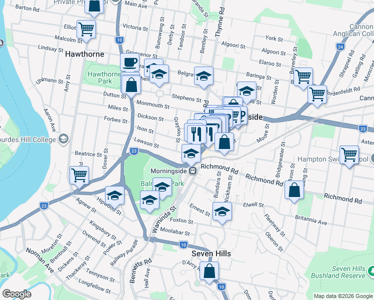 map of restaurants, bars, coffee shops, grocery stores, and more near 88 Lawson Street in Morningside