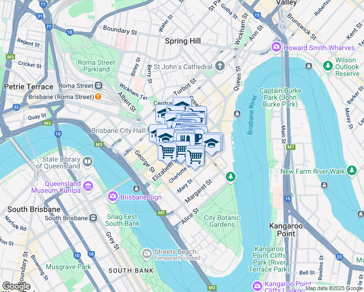 map of restaurants, bars, coffee shops, grocery stores, and more near 171-209 Queen Street in Brisbane City