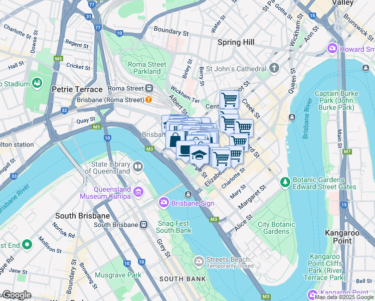 map of restaurants, bars, coffee shops, grocery stores, and more near in Brisbane City