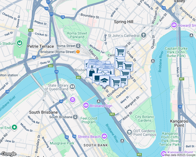 map of restaurants, bars, coffee shops, grocery stores, and more near 275 George Street in Brisbane City