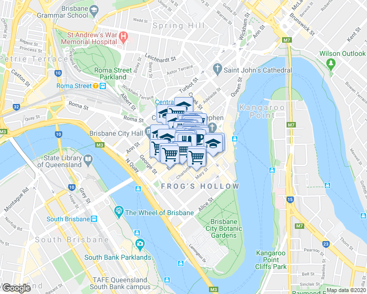 map of restaurants, bars, coffee shops, grocery stores, and more near 171-209 Queen Street in Brisbane City