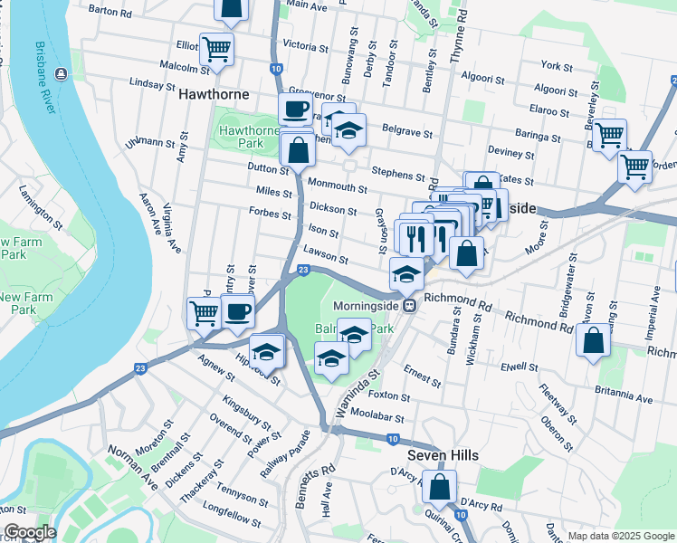 map of restaurants, bars, coffee shops, grocery stores, and more near 446 Wynnum Road in Morningside
