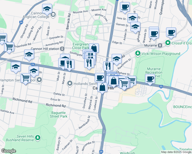 map of restaurants, bars, coffee shops, grocery stores, and more near 1049 Wynnum Road in Cannon Hill