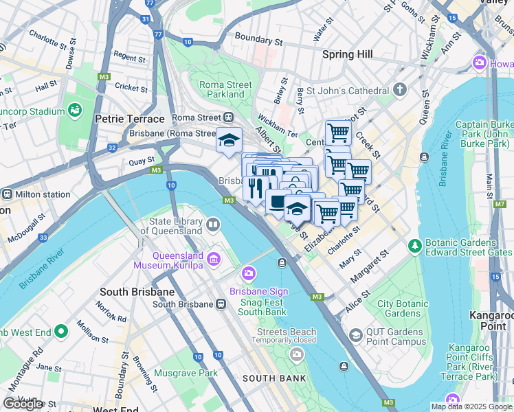 map of restaurants, bars, coffee shops, grocery stores, and more near 95 North Quay in Brisbane City