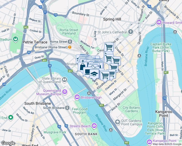 map of restaurants, bars, coffee shops, grocery stores, and more near 275 George Street in Brisbane City